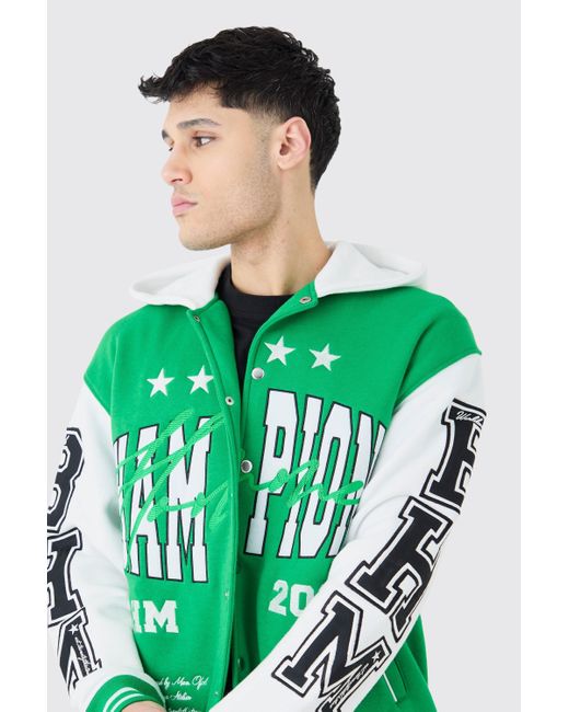 BoohooMAN Green Oversized Applique Basketball Jersey Varsity Jacket for men