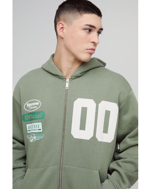 BoohooMAN Green 330Gsm Oversized Official Varsity Hooded Split Hem Zip Tracksuit for men