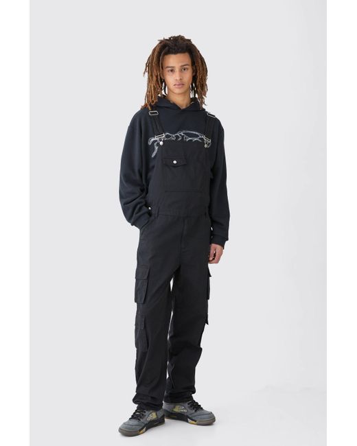 BoohooMAN Blue Washed Twill Multi Cargo Pocket Relaxed Fit Dungarees for men