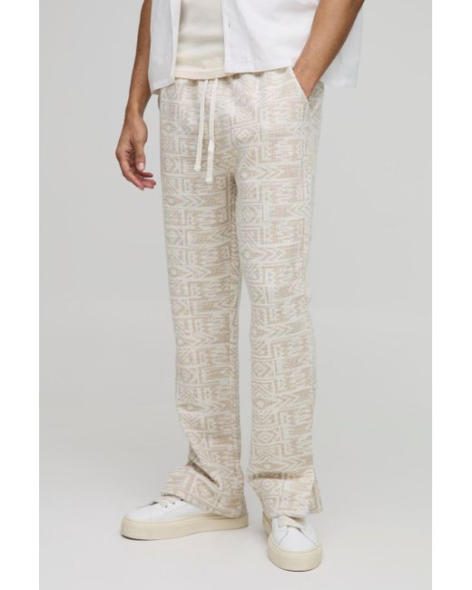 BoohooMAN Natural Regular Fit Jacquard Aztec Split Hem Sweatpants for men