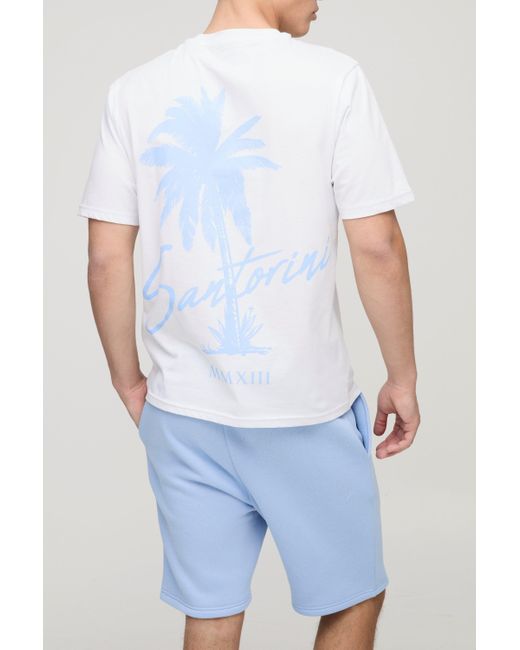 Boohoo Blue Regular Fit Palm Print T-Shirt & Short Set