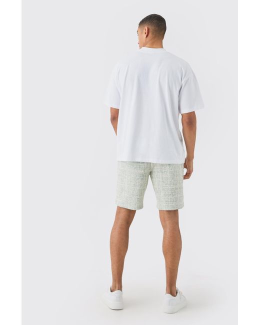 BoohooMAN White Oversized Extended Neck T-shirt And Textured Shorts Set for men