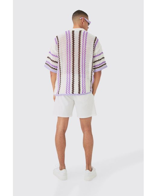 BoohooMAN White Oversized Open Stitch Deep Revere Stripe Knit Polo for men