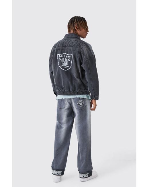 BoohooMAN Gray Nfl Raiders Oversized Zip Spliced Applique Denim Jacket for men