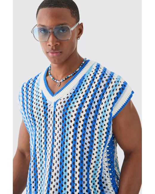 BoohooMAN Blue Boxy Oversized Open Stitch V Neck Stripe Sweater Vest for men