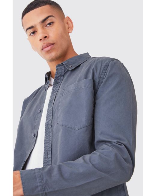 BoohooMAN Blue Washed Long Sleeve Twill Shirt for men