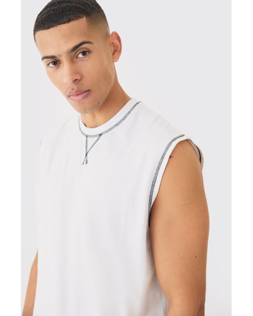 BoohooMAN White Oversized Contrast Stitch Tank for men