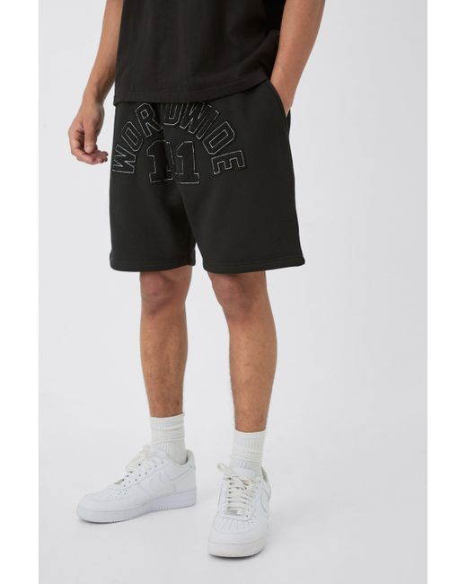 BoohooMAN Relaxed Mid Length Waffle Applique Shorts in Black für Herren