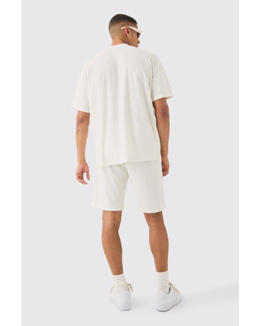 BoohooMAN White Oversized Extended Neck Towelling Ofcl T-shirt & Short Set for men