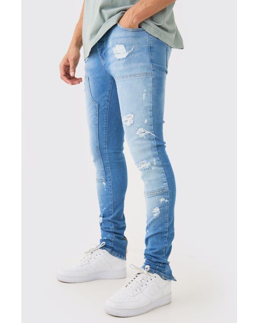 Boohoo Skinny Stretch Stacked Ripped Carpenter Zip Hem Jeans In Light Blue