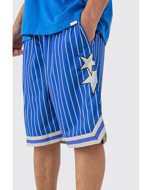 BoohooMAN Blue Loose Fit Basketball Stripe Mesh Shorts for men