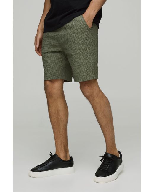 BoohooMAN Mittellange lockere Seersucker Shorts mit elastischem Bund in Green für Herren