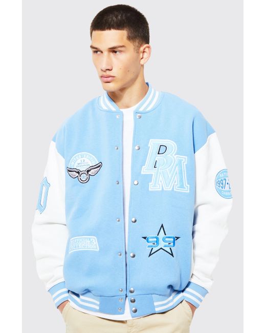 Boohoo Denim Members Club Applique Varsity Jacket in Blue Lyst