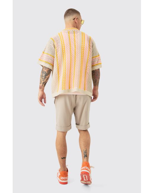 Boohoo Natural Oversized Boxy Revere Open Knit Stripe Shirt In Orange