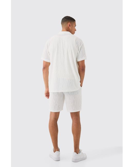 BoohooMAN White Oversized Animal Burnout Ribbed Shirt & Short Set for men