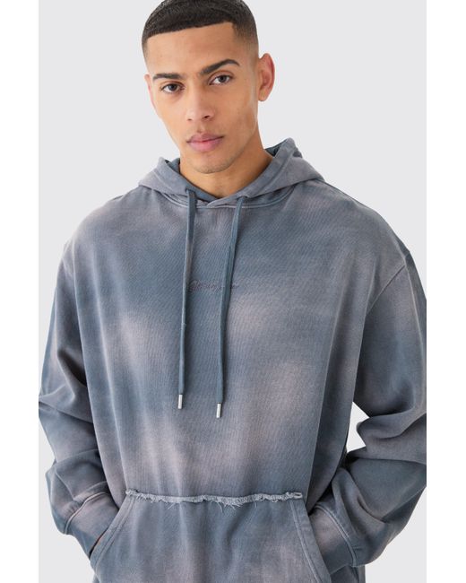BoohooMAN Blue Embroidery Oversized Sun Bleached Wash Hoodie for men