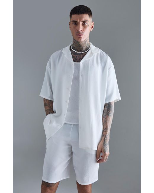 BoohooMAN Gray Tall Short Sleeve Drop Revere Linen Shirt & Short Set In White for men