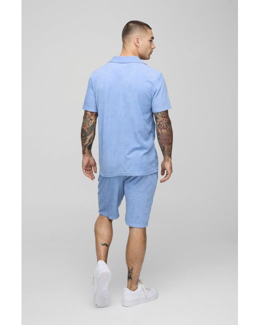 BoohooMAN Blue Regular Fit Towelling Shirt & Loose Short Set for men