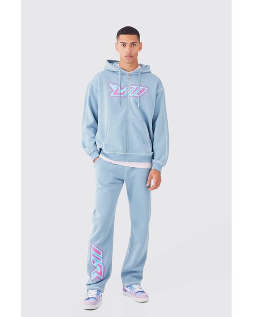 BoohooMAN Blue Oversized Contrast Stitch Heat Graphic Tracksuit for men