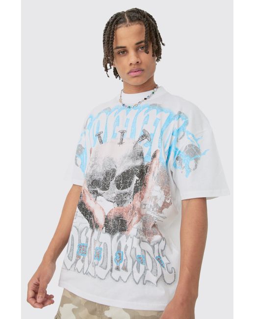 BoohooMAN White Oversized Skull Over Seams Graphic T-shirt for men