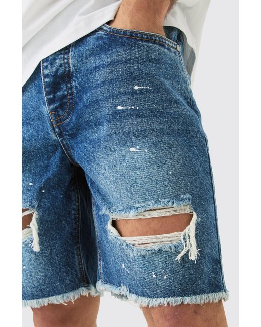 BoohooMAN Slim Rigid Ripped Paint Splatter Denim Shorts In Light Blue for men