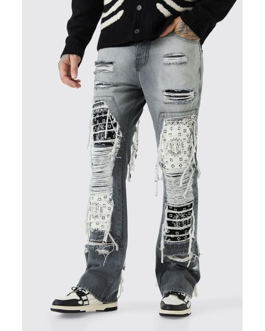 BoohooMAN Black Tall Slim Rigid Flare Rip & Repair Applique Jeans for men