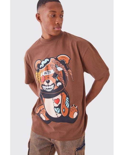 BoohooMAN Brown Oversized Angry Teddy Extended Neck T-shirt for men