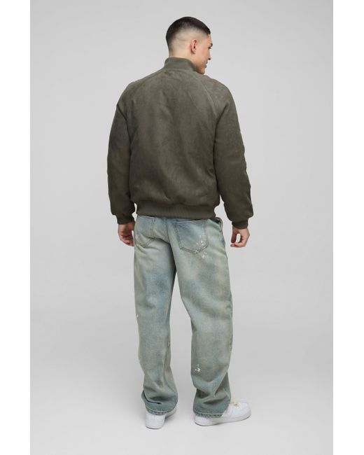 BoohooMAN Green Raglan Regular Fit Funnel Neck Faux Suede Bomber Jacket for men