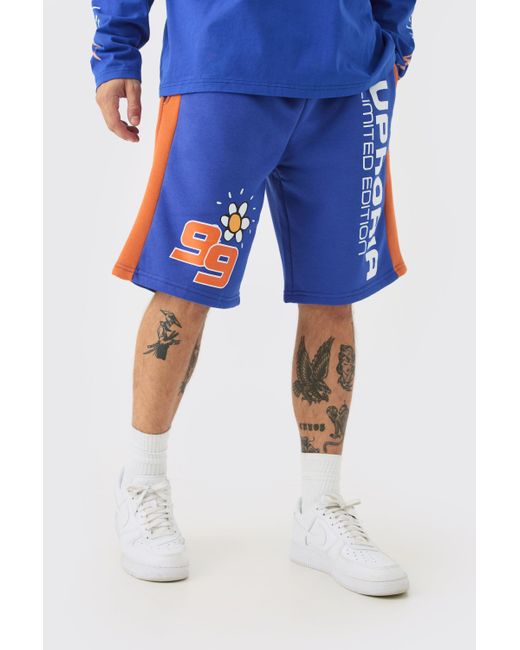 Boohoo Blue Euphoria Graphic Long Length Basketball Shorts