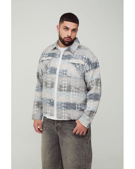 BoohooMAN Gray Plus Mixed Checked Overshirt for men
