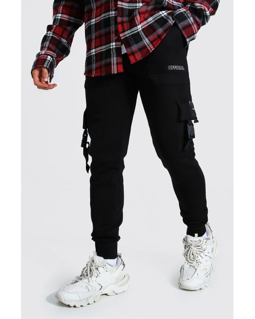 BoohooMAN Cotton Official Utility Skinny Cargo Joggers in Black for Men - Lyst