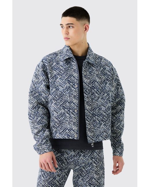 Boohoo Blue Boxy Fit Fabric Interest Tapestry Jacket