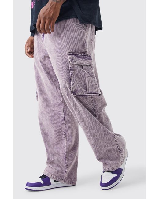 BoohooMAN Purple Plus Relaxed Acid Wash Cord Cargo Trouser for men