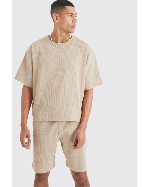 BoohooMAN Natural Pleated Oversized Boxy T-shirt And Short Set for men