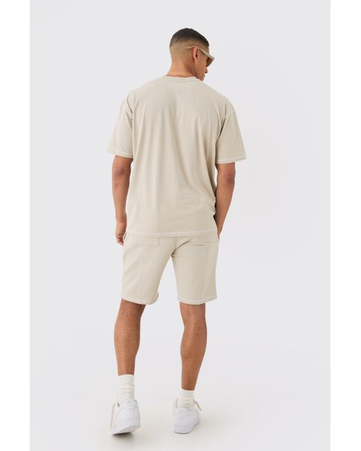BoohooMAN Oversized Contrast Stitch Extended Neck Embroidered T-shirt in Natural für Herren