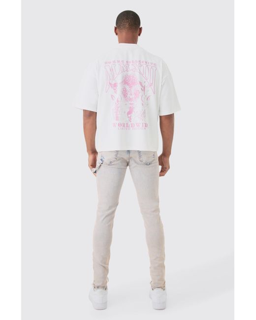 BoohooMAN Skinny Stretch Ripped Carpenter Jeans In Pink Tint for men