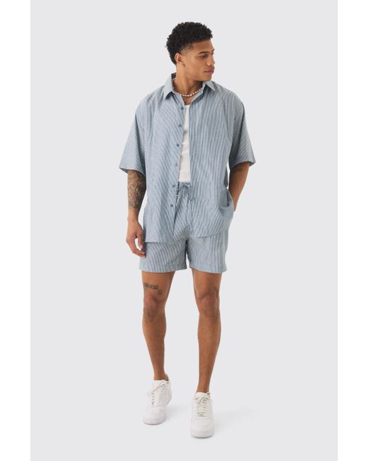 BoohooMAN Blue Oversized Short Sleeve Linen Look Shirt & Short Set In Black for men