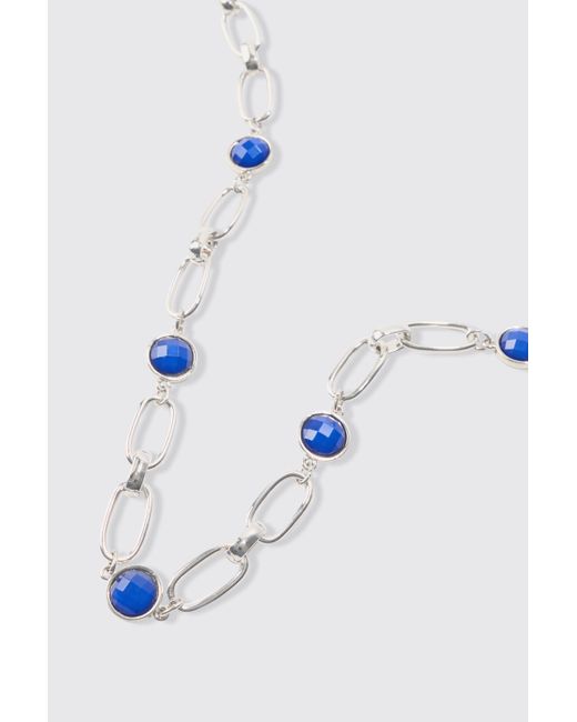 BoohooMAN Blue Chain Necklace With Gem Stones In Silver for men