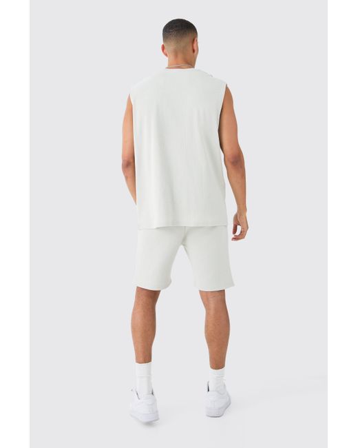 BoohooMAN White Oversized Ofcl Dept Rib Printed Tank & Shorts Set for men