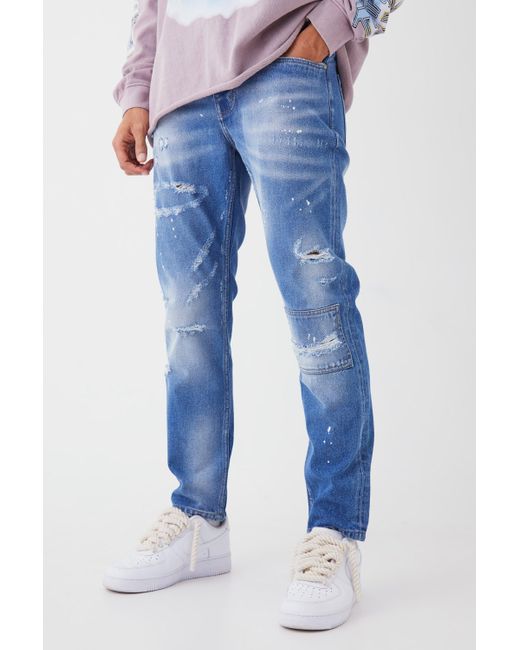 BoohooMAN Blue Slim Rigid All Over Paint Detail Knee Ripped Jeans for men