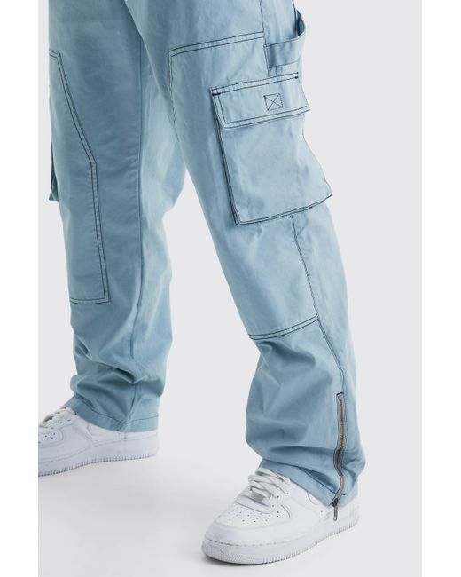 BoohooMAN Blue Relaxed Carpenter Zip Hem Contrast Stitch Trouser for men