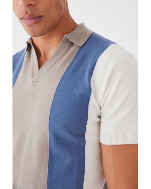 BoohooMAN Blue Short Sleeve Revere Colourblock Knitted Polo for men