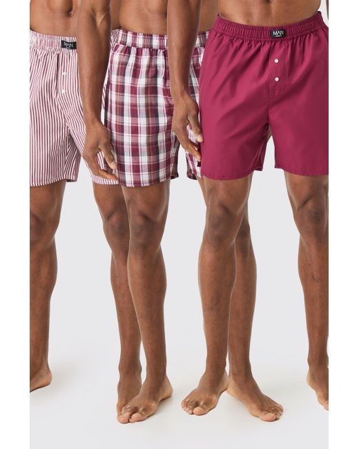BoohooMAN Red 3 Pack Woven Boxers In Multi for men