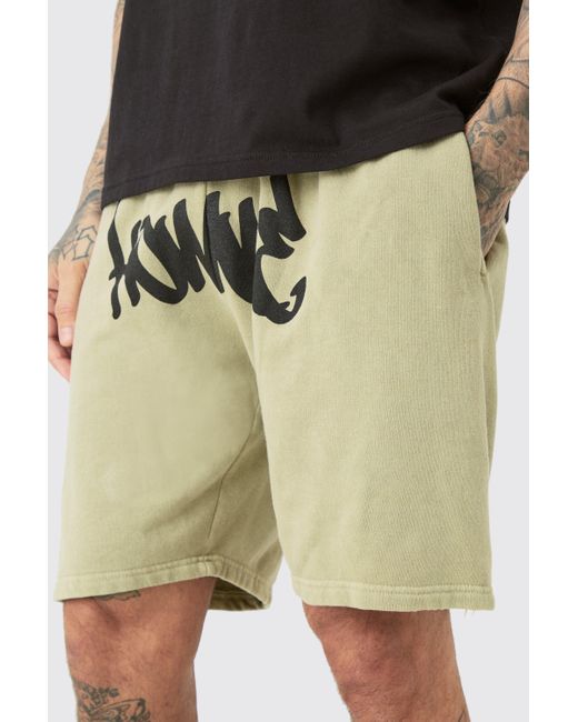 BoohooMAN Green Tall Loose Fit Overdye Graffiti Jersey Shorts for men