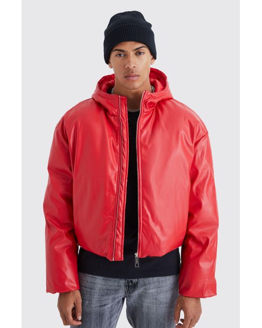 BoohooMAN Red Boxy Pu Padded Hooded Puffer for men