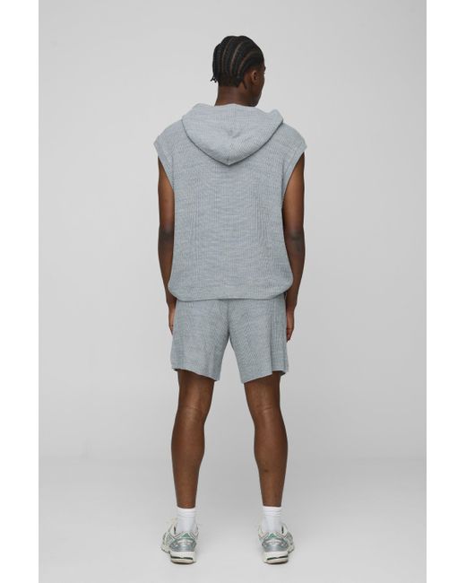 Conjunto De Pantalón Corto Y Sudadera Recta De Punto Canalé Con Capucha Y Cremallera Boohoo de color Gray