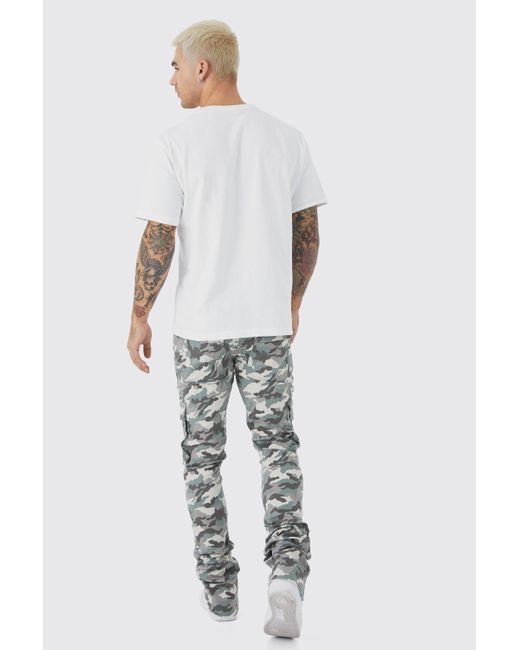 BoohooMAN Green Skinny Stacked Flare Gusset Camo Cargo Trouser for men