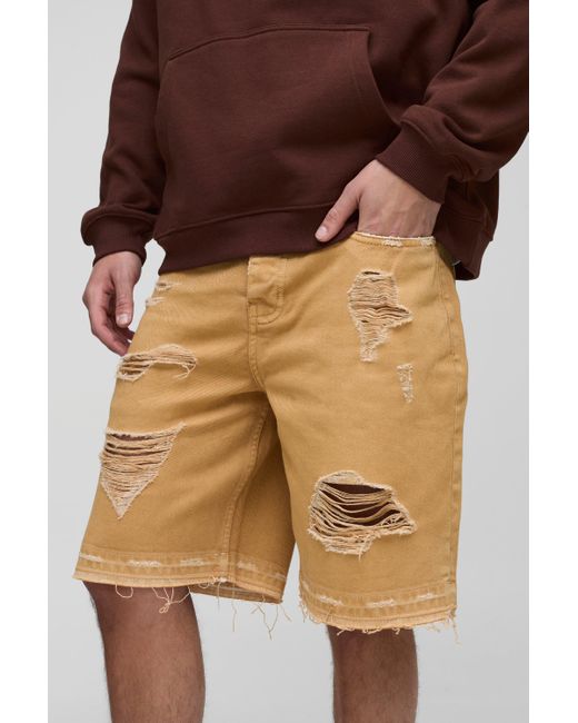 BoohooMAN Lockere zerrissene Jeansshorts in Natural für Herren