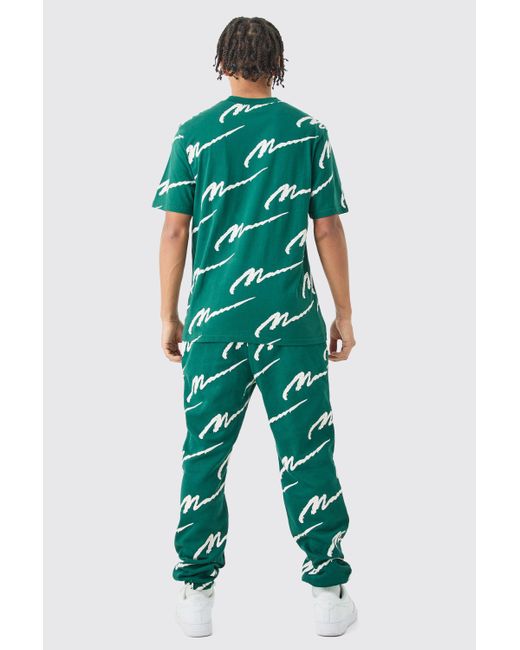 BoohooMAN Green Signature All Over Print Tshirt & Jogger Set for men