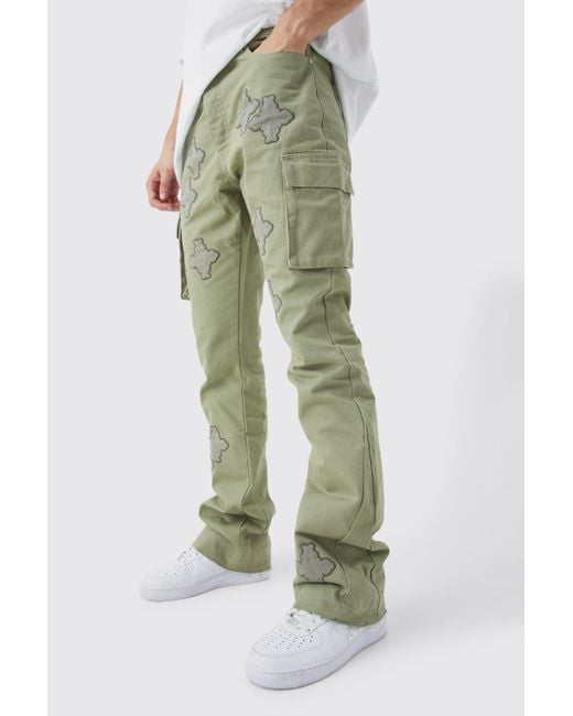 BoohooMAN Green Tall Fixed Waist Slim Flare Gusset Applique Cargo Trouser for men